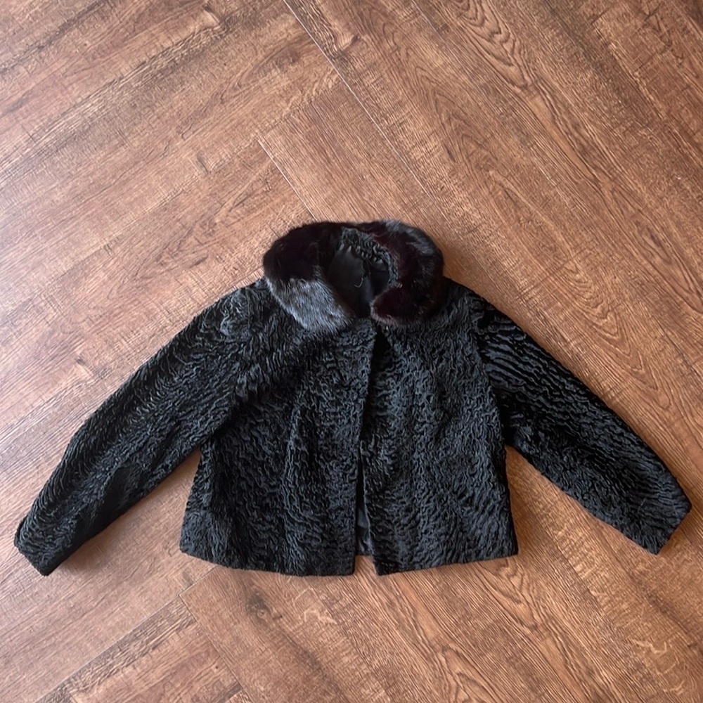 Vintage Curly Lamb Cropped Jacket With Genuine Fur Trim Black/Brown Sz 6